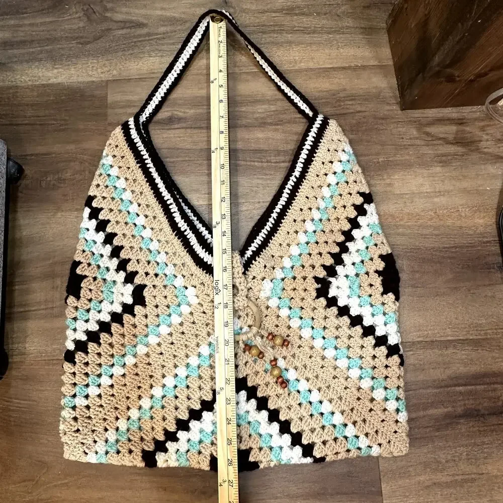 Hand Knit Crochet Granny Square Bag Beaded Accent Boho Retro Y2K Festival Tote